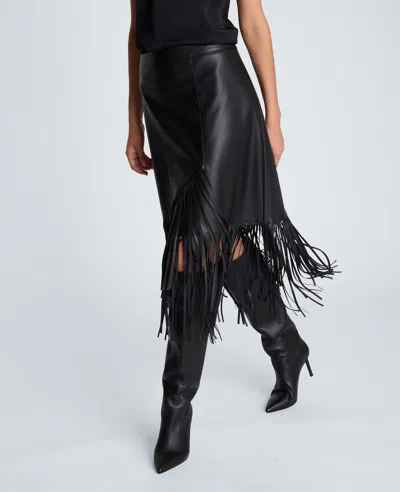 Kenneth Cole Assymetrical Pencil Skirt With Fringe Hem In Black