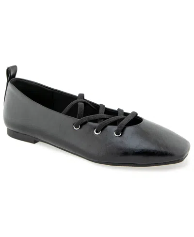 Kenneth Cole Reaction Women's Maxima Square Toe Lace-up Faux Leather Ballet Flats In Black