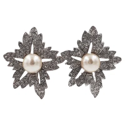 Pre-owned Kenneth Jay Lane Large Rhinestone W Center Pearl Earrings In Multiple