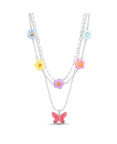 Kensie 3 Piece Mixed Chain Necklace Set With Beaded Flowers And Butterfly Pendant In Multi