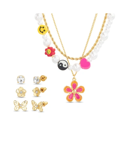 Kensie Colorful Flower And Butterfly Necklace And Earring Set In Gold