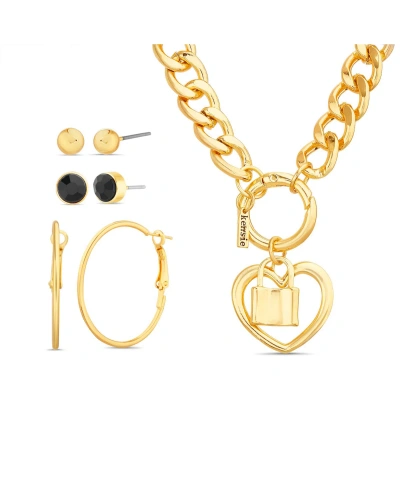 Kensie Heart And Locked Charm Necklace And 3 Pair Of Earrings Set In Gold