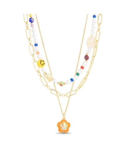 Kensie Multi 3 Piece Mixed Beaded And Chain Necklace Set With Flower Charm Pendant