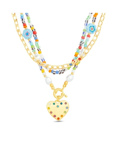 Kensie Multi 3 Piece Mixed Beaded And Chain Necklace Set With Heart Charm Pendant