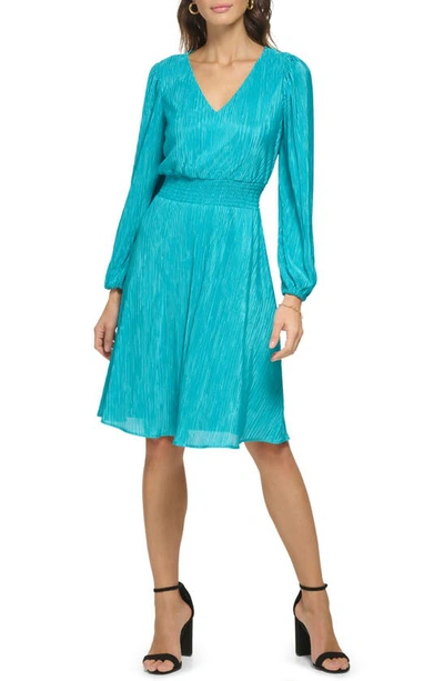 Kensie Pleated V-neck Long Sleeve A-line Dress In Lagoon