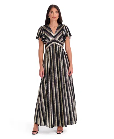 Kensie Women's Crinkled Foil Woven Wedding Guest V-neck Maxi Dress In Black