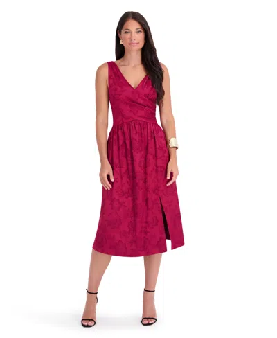 Kensie Women's Satin Jacquard Floral Fit & Flare V-neck Midi Dress In Red