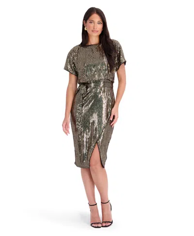 Kensie Women's Sequin Mesh Boat Neck Short-sleeve Wrap Midi Dress In Black