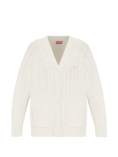 Kenzo Cable-knit Embroidered-logo Cardigan In White