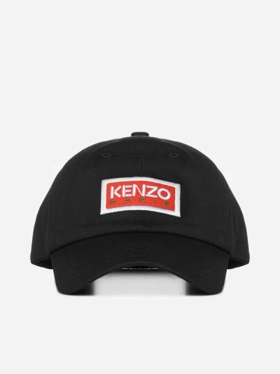Kenzo Logo Cotton Baseball Cap In Black