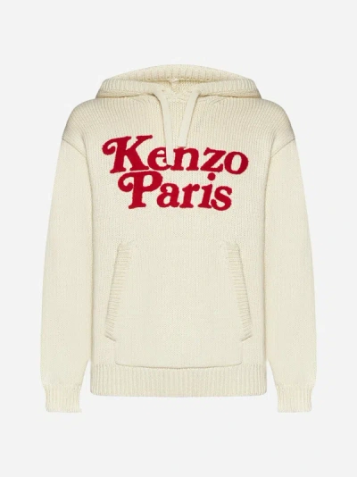 Kenzo Logo Cotton Knit Hoodie In Off White