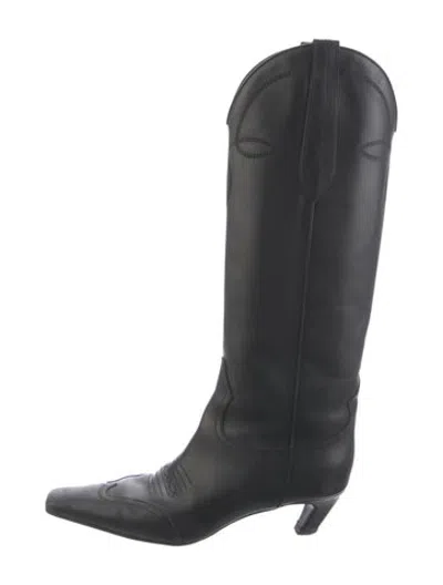 Pre-owned Khaite Leather Embroidered Accent Western Boots In Black