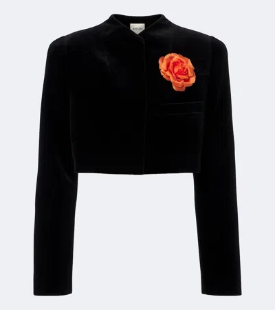Khaite Samo Floral-appliqué Cropped Velvet Jacket In Black