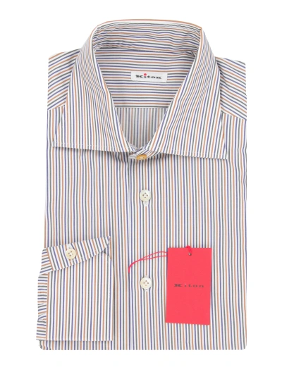 Pre-owned Kiton $600  Blue Striped Cotton Shirt - Slim - (kt11302321)