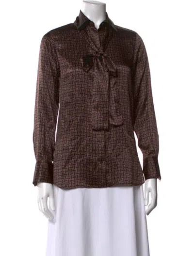 Pre-owned Kiton Patterned Tie Neck Top In Brown