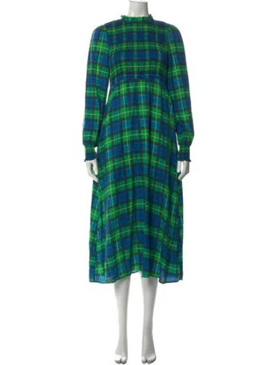 Pre-owned Kitri Plaid Print Long Dress In Green