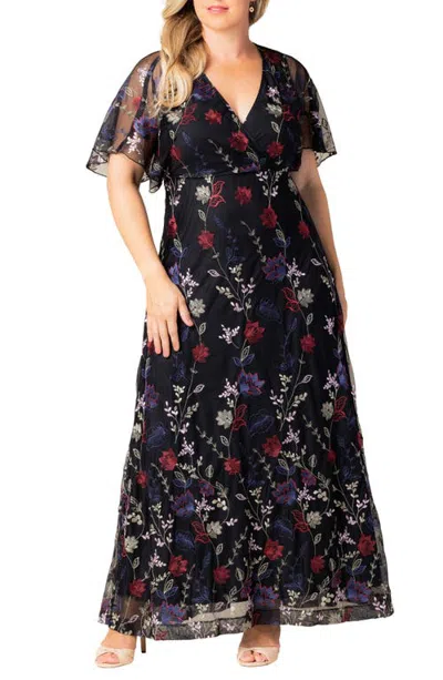 Kiyonna Embroidered Elegance Floral Gown In Black