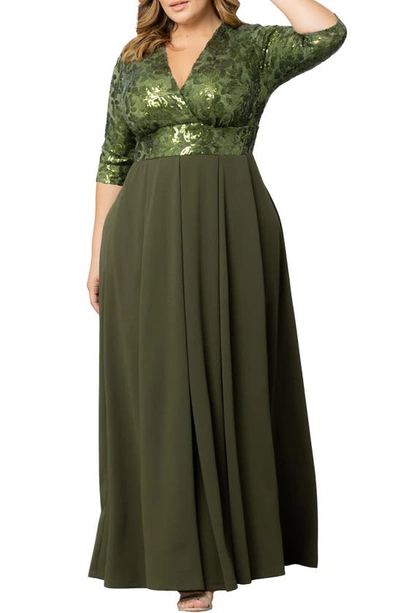 Kiyonna Paris Sequin Bodice Gown In Olive Green