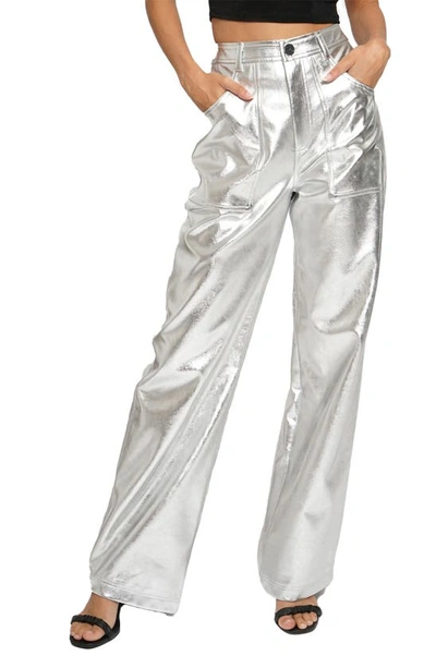 Know One Cares High Waist Wide Leg Faux Leather Pants In Silver