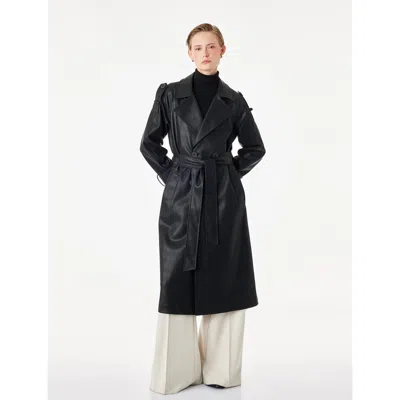 Koton Double-breasted Long Faux Leather Belted Trench Coat In Black
