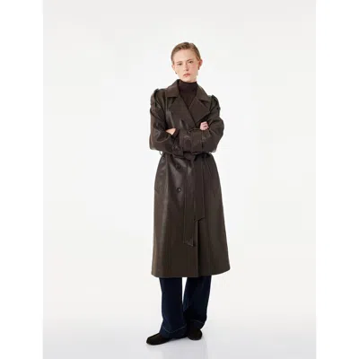 Koton Double-breasted Long Faux Leather Belted Trench Coat In Brown