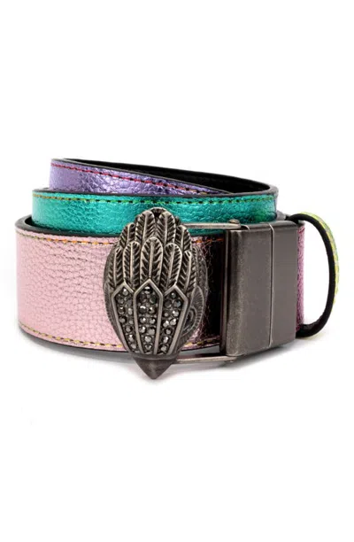 Kurt Geiger Reversible Leather Belt In Pastel Rainbow/ Antique Silver