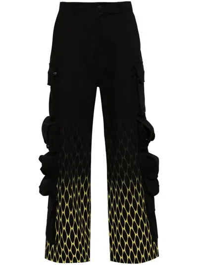 Kusikohc Geometric-print Cotton Cargo Trousers In Black