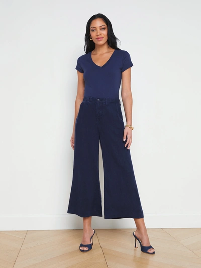 L Agence Henderson Linen Cropped Pant In Navy