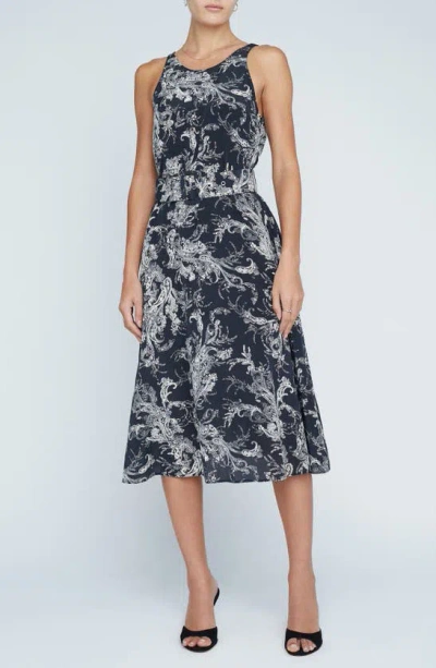 L Agence Vivian Paisley Belted Silk Midi Dress In Black/ Ecru Sketch Paisley