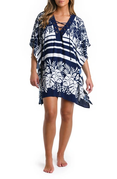 La Blanca Lace-up Cover-up Caftan In Indigo