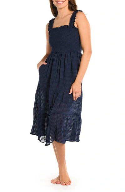 La Blanca Shadow Smocked Bodice Cover-up Sundress In Indigo