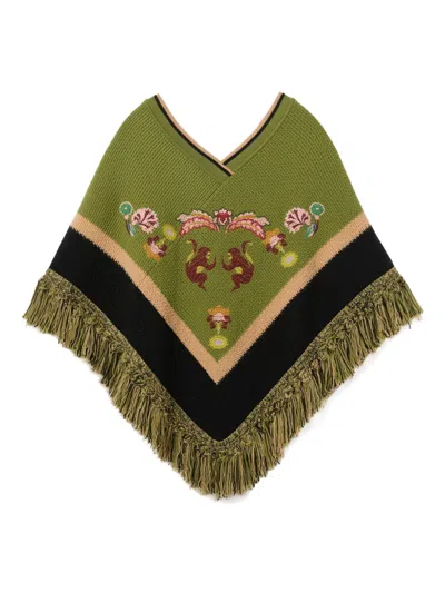 La Doublej Embroidered Fringed Dreamcatcher Poncho In Green