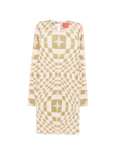 La Doublej Geometric-print Long-sleeve Midi Dress In Neutral