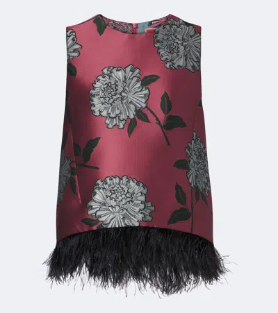 La Doublej La Scala Feather-trimmed Jacquard Top In Brown