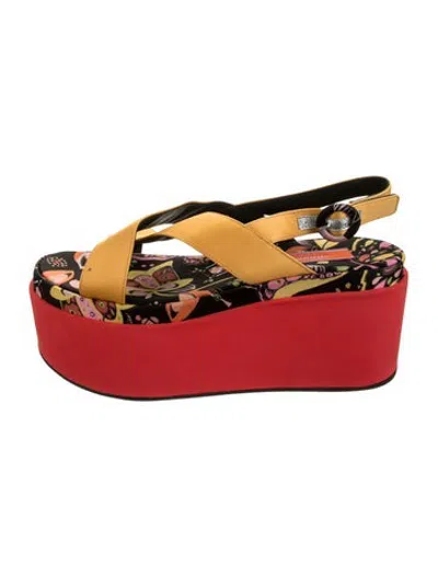 Pre-owned La Doublej Satin Patterned Sandals In Black/green/red