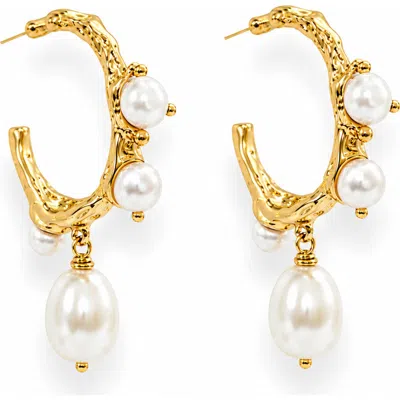 La Meno Freshwater Pearl Cascade Drop Hoop Earrings In Gold