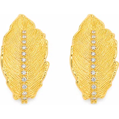 La Meno Golden Leaf Crystal Stud Earrings