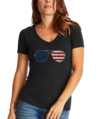 La Pop Art Women's Americana Sunglasses Word Art V-neck T-shirt In Black