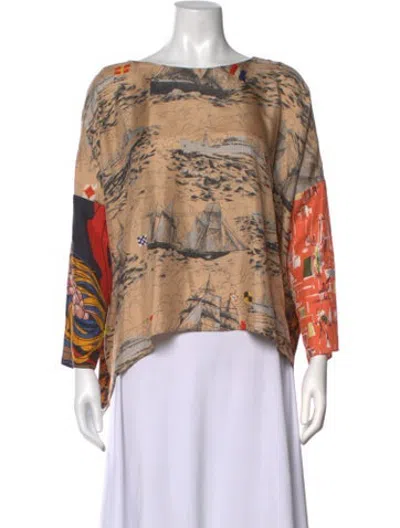 Pre-owned La Prestic Ouiston Silk Printed Top In Neutrals