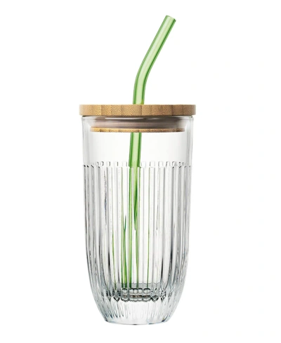 La Rochere Quessant 16 Oz. Covered Smoothie Glass In Clear With Wood Lid And Green Straw