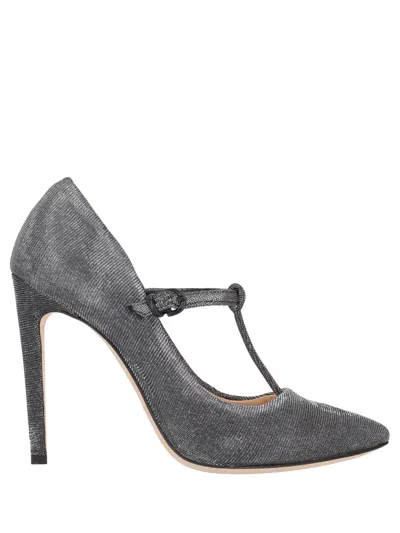 La Rose Silver T-strap Pointed Pumps In Blue
