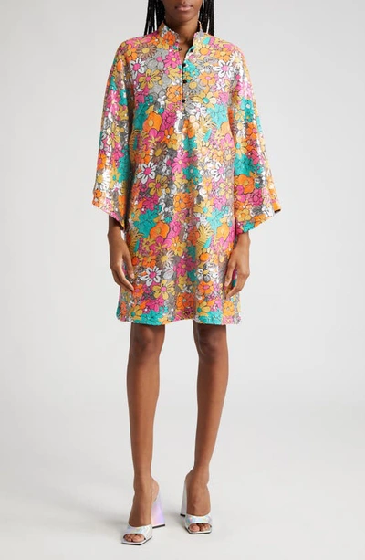 La Vie Style House Floral Sequin Cover-up Caftan In Pink/orange Multi