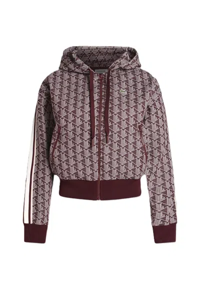 Lacoste Cropped Geometric Pattern Zip Hoodie In Burgundy