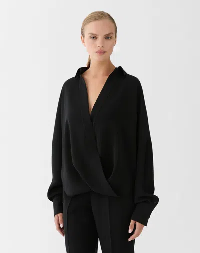 Lafayette 148 Crepe Oversized Popover Wrap Shirt In Black