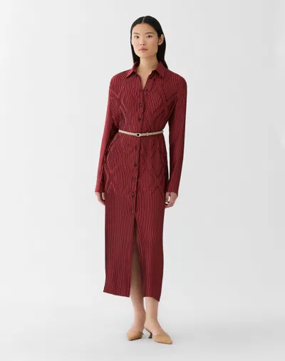 Lafayette 148 Geo Satin Plisse Belted Shirt Dress In Burgundy