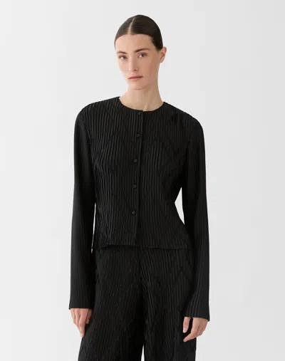 Lafayette 148 Geo Satin Plisse Cropped Cardigan Jacket In Black