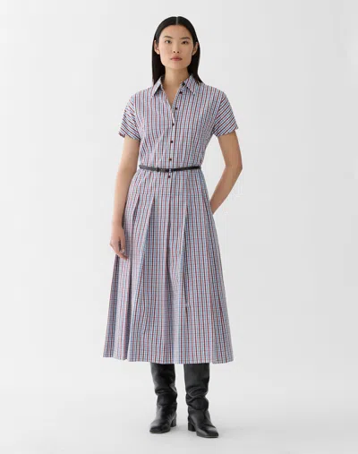 Lafayette 148 Gingham Cotton Belted Pleated Shirt Dress In Blue