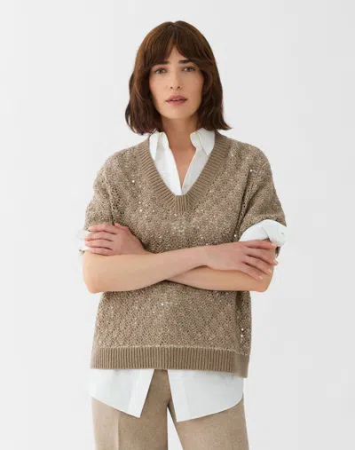 Lafayette 148 Hand Sequined Wool Cashmere Cotton Sweater In Brown