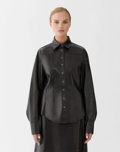Lafayette 148 Nappa Leather Western Shirt In Black