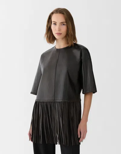 Lafayette 148 Nappa Leather Whipstitch Fringe Cropped Blouse In Black